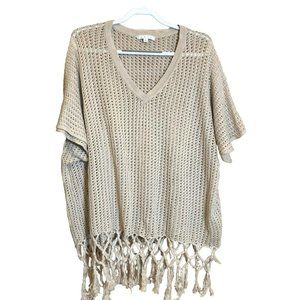 Sz L Cabi Crochet V-Neck Top w/hanging Tassels, Beige Peek a Boo Core, Bohemian